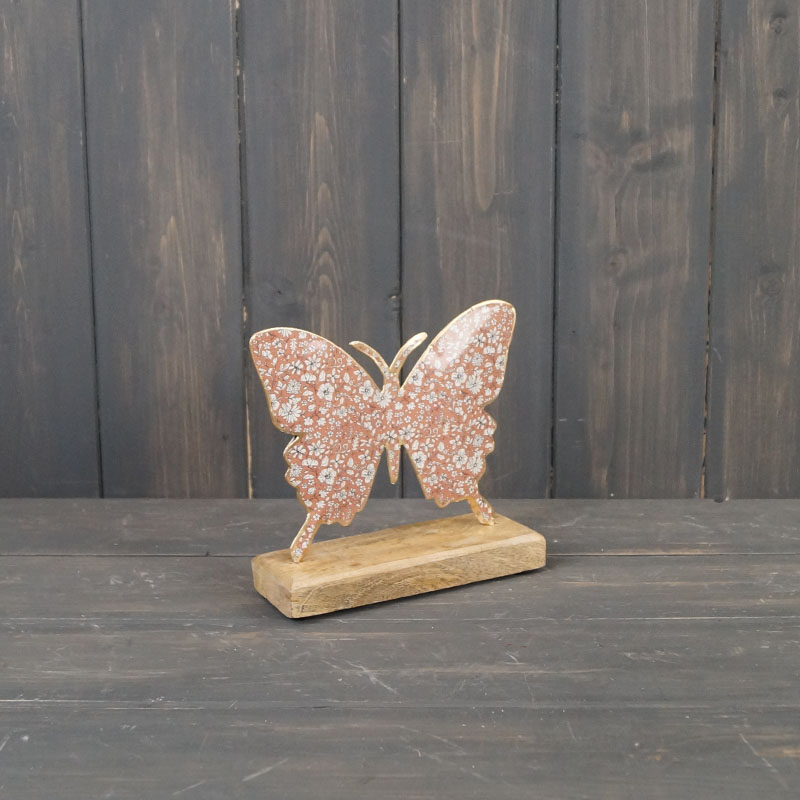 Large Pink Metal Butterfly on Wooden Base detail page